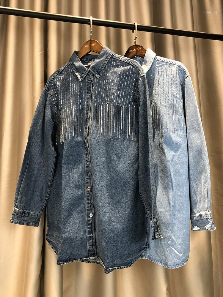 

Women Winter Drill Beading Denim Shirt High Quality Female Turn Down Collar Long Sleeve Heavy Industry Beaded Jeans Women's Blouses & Shirts, Blue