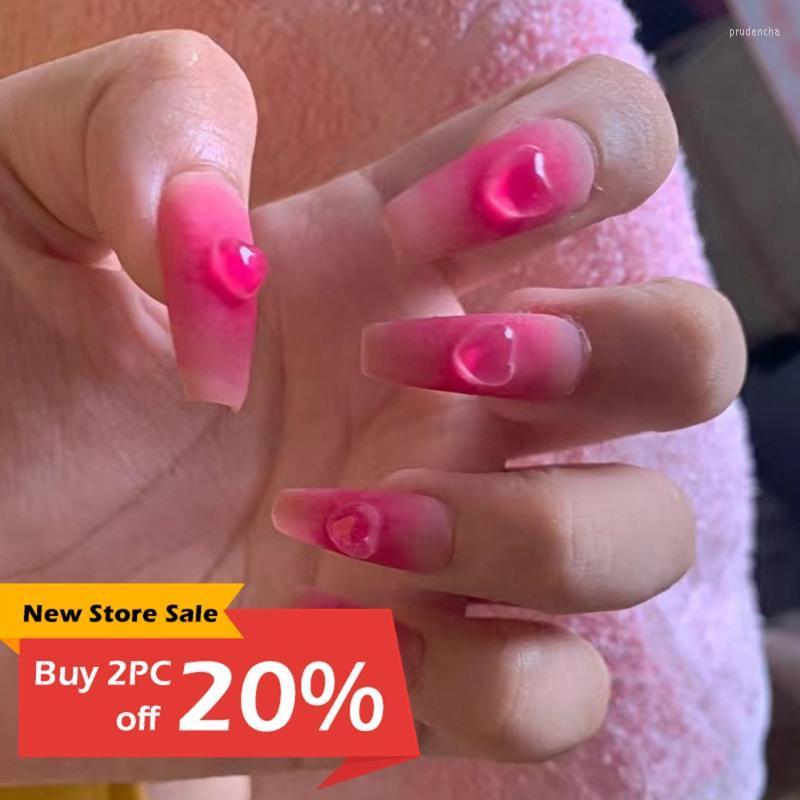

False Nails 2022 DIY Middle Length Ballerina Warm Red Color Design With Heart Pattern Artificial Fake 24Pcs Prud22, 2 sheet 48pcs