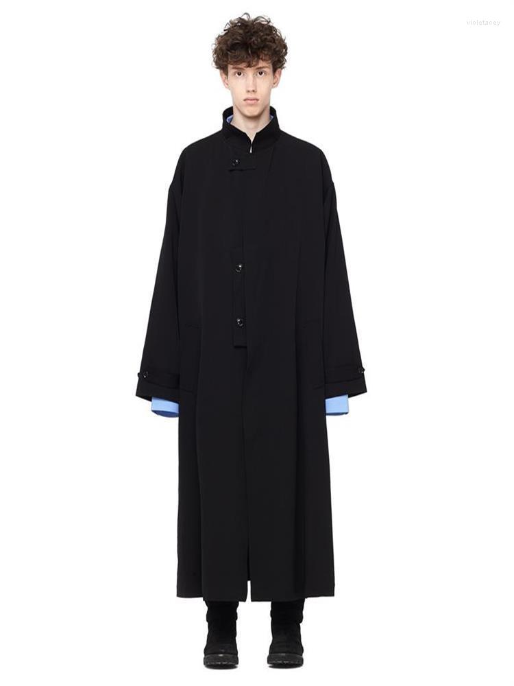 

Men' Trench Coats Stand Simple Collar Black Long Coat Viol22