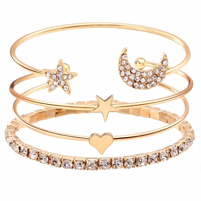 

Bangle 4pc/set Fashion Multiple Layers Charm Bracelet For Women Moon Star Heart Crystal Rose Gold Color Femme Jewelry