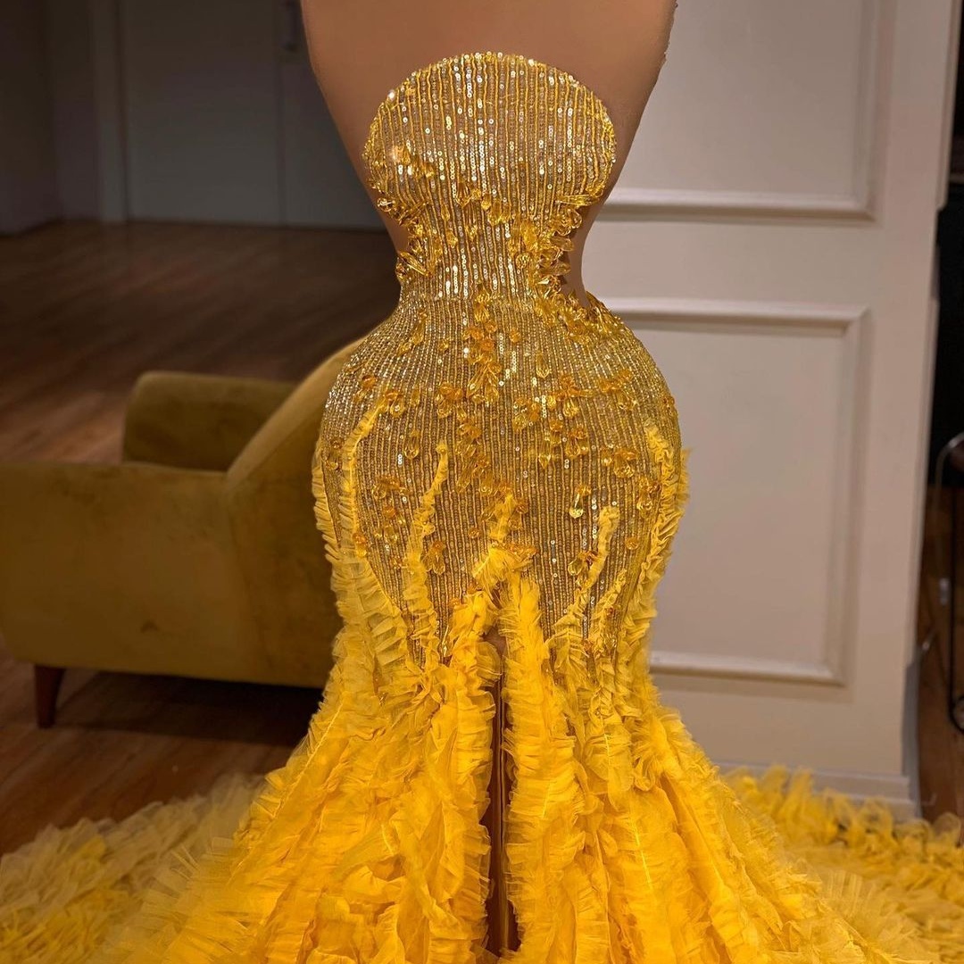 

Yellow Trumpet Evening Dresses for Women 2022 Elegant Strapless Prom Gowns Sequin Ruffled Mermaid Party Outfits, Blue