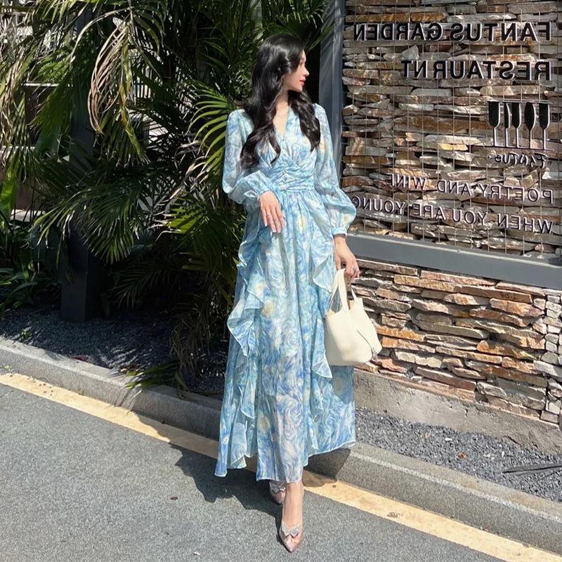 

Casual Dresses Women Spring French Retro Long Sleeve Big Swing Dress Female V-neck Printed Ladies Loose Chiffon Vestidos U242Casual, Tupianse