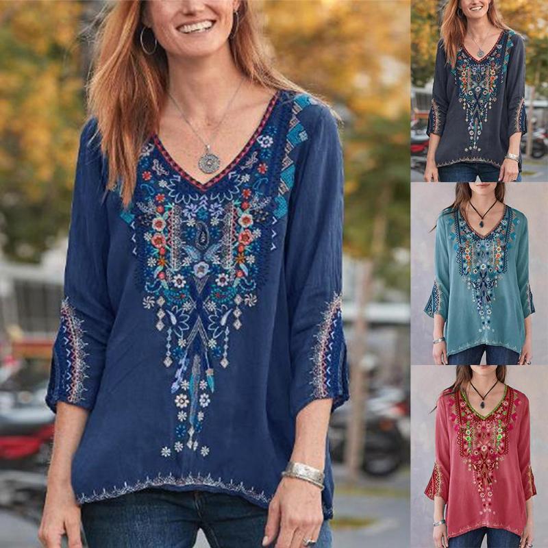 

Women' Blouses & Shirts -3XL T Shirt Women Plus Size Blouse Boho Casual V Neck Long Sleeve Floral Embroidery Top Loose Summer Clothes, Red