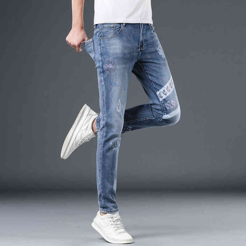 

2022 spring new Denim Long tide brand Korean slim fit small foot middle waist casual pants men's style, Light blue