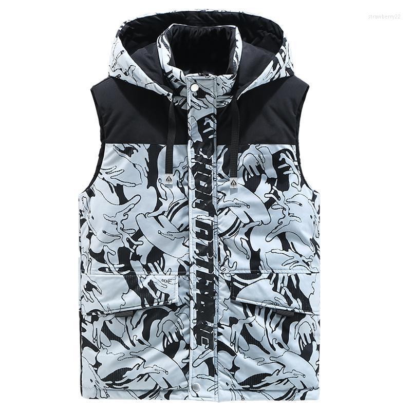 

Men' Vests Autumn Winter Brand Cotton Vest Hooded Thick Warm Camouflage Plus Size Waistcoat Sleeveless Jackets Men Parkas -8XL Stra22, Gray