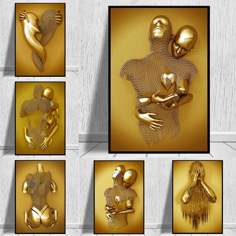 

Paintings Metal Figure Statue Art Canvas Painting Golden Modern Lovers Sculpture Poster And Print Wall Pictures For Living Room Home Decor