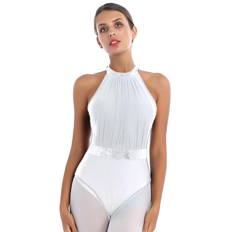 

Stage Wear Women Ballet Leotard Halter Neck Cutout Back Bodysuit Sequin Waist Contemporary Dance Class Exercise Costume, Black