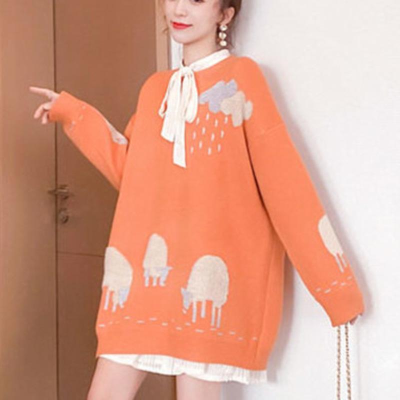 

Women's Sweaters Autumn Female Knitted Cartoon Pattern Women Sweet Pullover Chic O Neck Sweater Jumper Long Sleeve Slim Fitting Tops, Pink