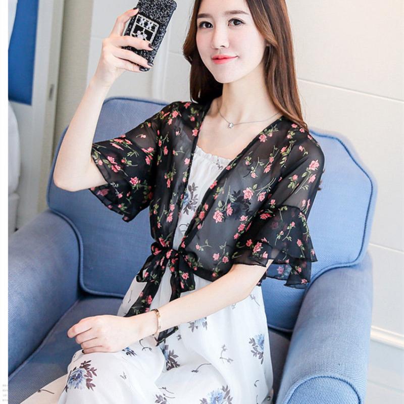

Women' Blouses & Shirts Women Summer Short Chiffon Shawl Female Thin Printed Sun Protection Clothes Ladies Sunscreen Cardigan Q77Women, Black