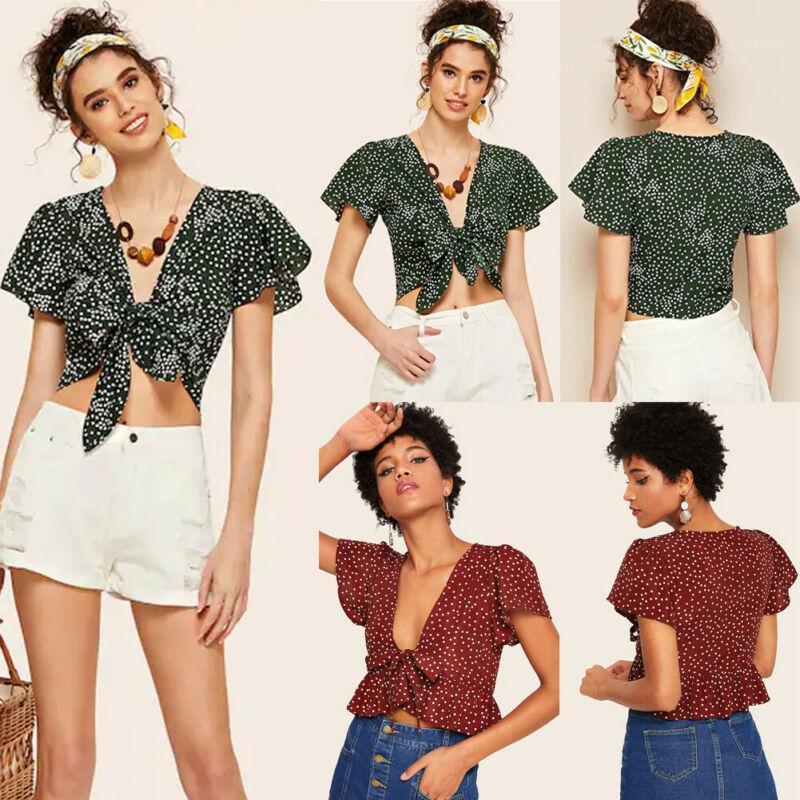

Women' Blouses & Shirts Retro Womens Fashion V Neck Knot Tie Polka Dot Printed Sexy Lumbar Short Sleeve Crop Top Blouse Tee Green, As pic