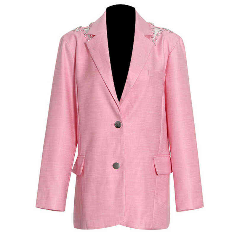 

Pink Long Blazer 2021 Summer New Style Sexy Backless Beads Two Button Fashion Personality Women Blazer Suit High Quality J220813, Pink suit