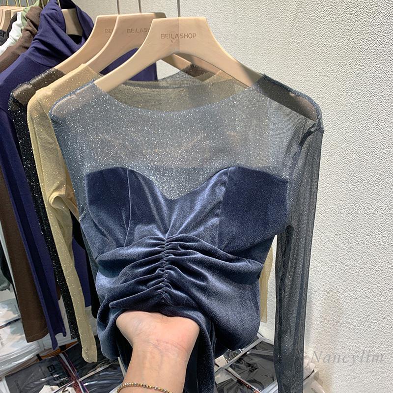 

Women's T-Shirt Sexy Spring For Women 2022 Lace Mesh Stitch Velvet Shirts Bottoming Top Long Sleeve Inner Wear Femme Casual All-MatchWomen's, Blue