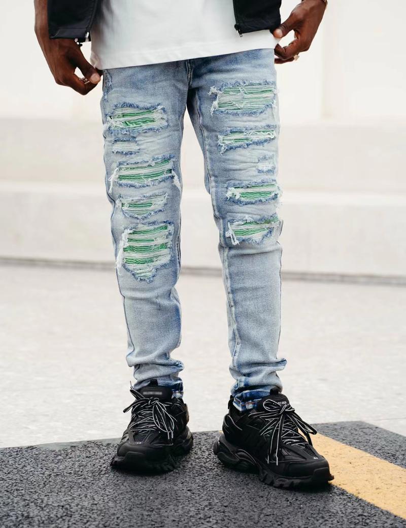 

Men's Jeans Style High Street Fashion Knee Hole Green Fold Patch Micro Stretch Casual Blue For Men Slim Denim PantsMen's
