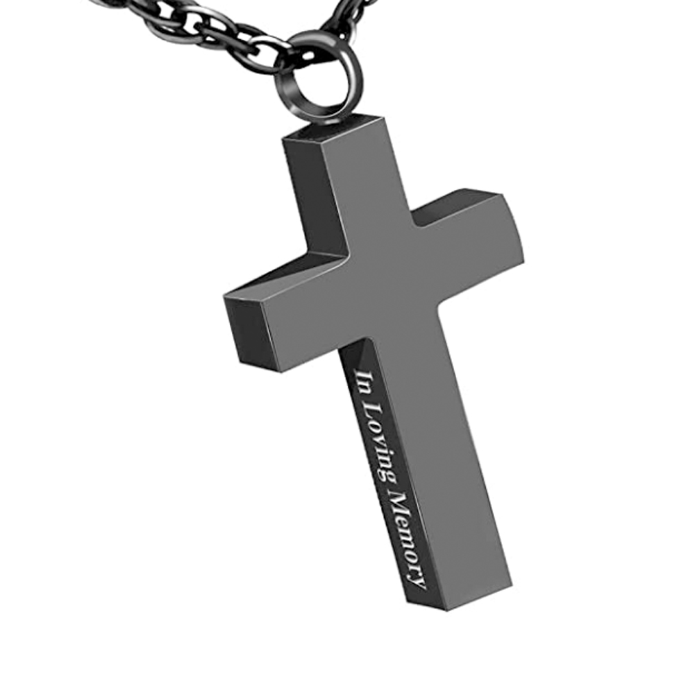 

Black Cross Side Engraving Pendant Necklaces Cremation Urn for Ashes Stainless Steel Keepsake Memorial Jewelry for Human or Pet Gift-In Loving Memory