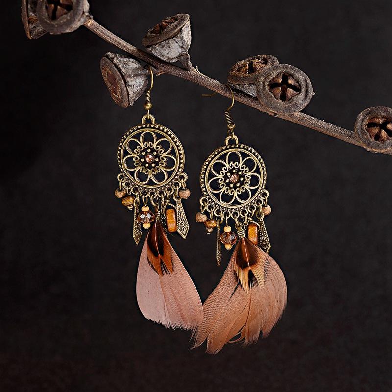 

Dangle & Chandelier Amader Retro Dreamcatcher Shaped Feather Pendant Round Earrings For Women Ethnic Style Orecchini Etnici HQE423Dangle