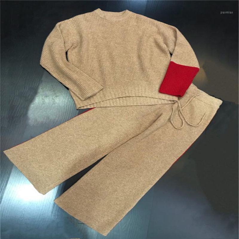 

Two Piece Dress Womens Knit Sets Long Sleeve Panelled Designer Crew Neck Sweaters Pants Casual Clothing, Yellow