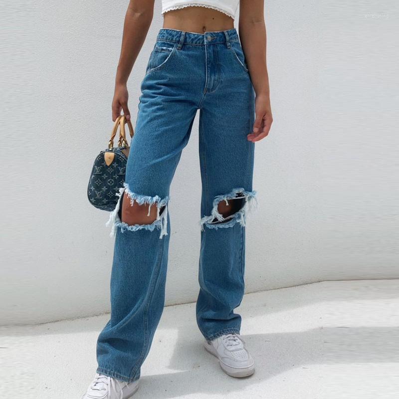 

Women' Jeans Korean High Waist Women Sexy Hole Straight Denim Pants Loose Casual Street Trousers Pantalon Femme Plus SizeWomen, Blue