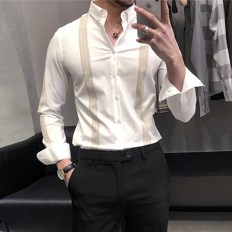 

Men's Dress Shirts High Quality 2022 Summer Fashion Business Formal Wear Blouse Men Design Brand Slim Fit Long Sleeve Striped Tops W119Men's, White