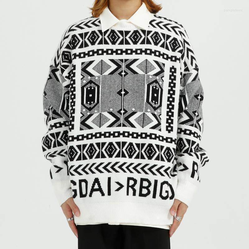 

Male Streetwear Hip Hop Fashion Knitted Sweater Men Vintage Pattern Casual Loose Pullover Men's Sweaters, 818 black
