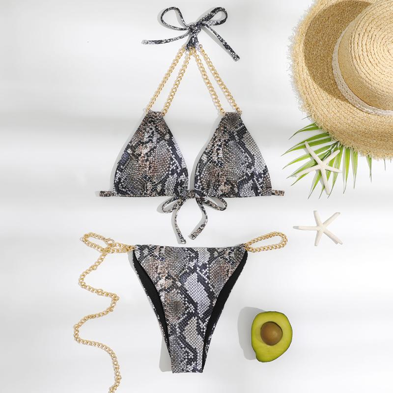 

Women' Swimwear Snake Skin Prints Chain Women 2022 Bikini Sets Two Piece Halter Push Up Swimsuit High Cut Thong Biquini Beach Wear