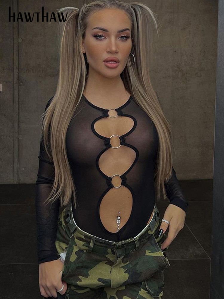 

Hawthaw Women Sexy Hollow Out Mesh See Through Bodycon Black T Shirt Tops Bodysuit 2022 Spring Summer Clothes Wholesale Items