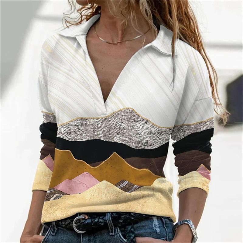 

Gym Clothing Woman Sublimation Retro Spring Autumn V-neck Slim High-Quality 3D Printing Pattern Bottoming Top Fashion T-shirt