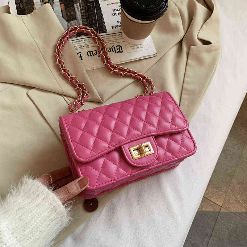 

Women'S Quilted Shoulder Bag With Chain Pink White Small Square Quilted Handbag New Arrival 2021 Luxury Diamond Crossbody Bag Y220421, Hot pink