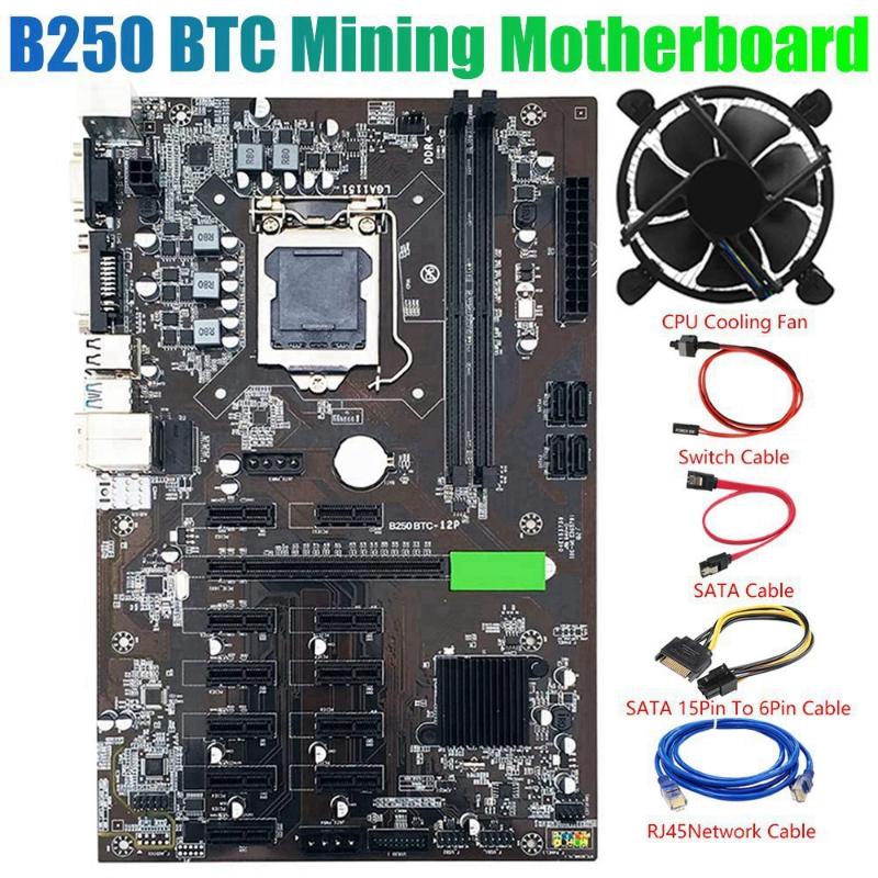 

Motherboards B250 BTC Motherboard With Cooling Fan+SATA Cable 12 GPU LGA1151 DDR4 SATA 3.0 USB For Mining ETH Miner