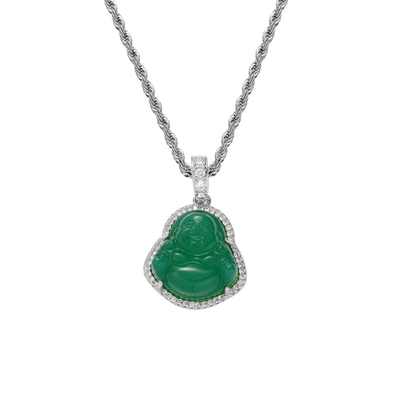 Pendentif Colliers En Acier Inoxydable Corde Chaîne Micro Pave Cubique Zircon Vert Pierre Naturelle Bouddha Pendentifs Collier Pour Hommes Et Fem