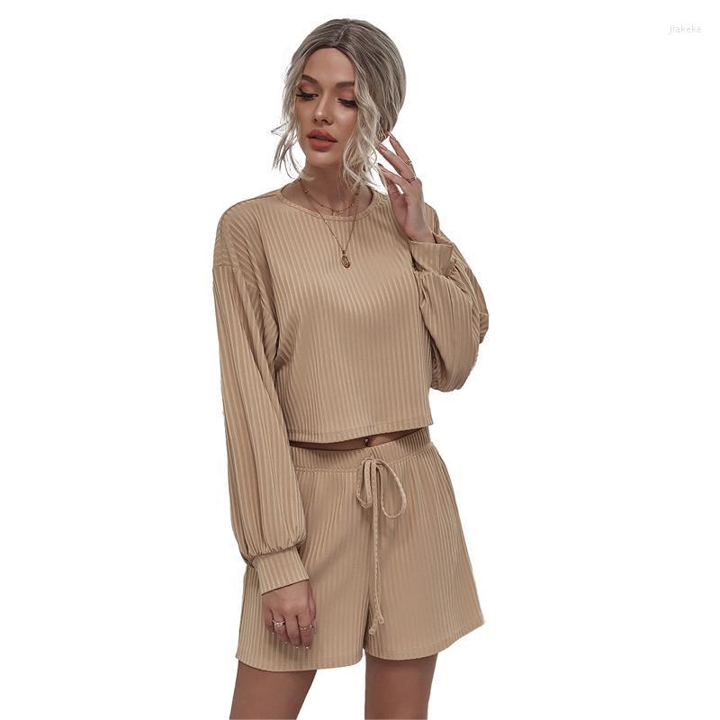 

Women' Tracksuits Tracksuit Women Khaki Casual Long Sleeve Shorts Sets 2022Autumn Fashion Two-Piece O-Neck Pullover Pant Suits