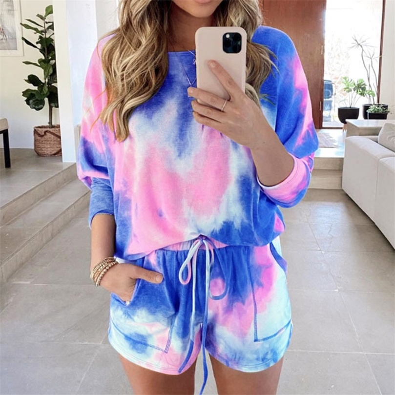 

2020 Fashion Jumpsuit bodysuit women Tie dye printed fashion home casual shorts suit Women two piece Playsuits Print Two piece T200704, Green-blue