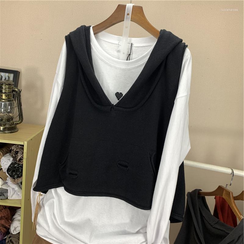 

Women's Vests All Match Hooded Women Autumn 2022 V-Neck Loose Oversized Hole Vintage Female Pulls Outwear Coats Tops Luci22, Gray