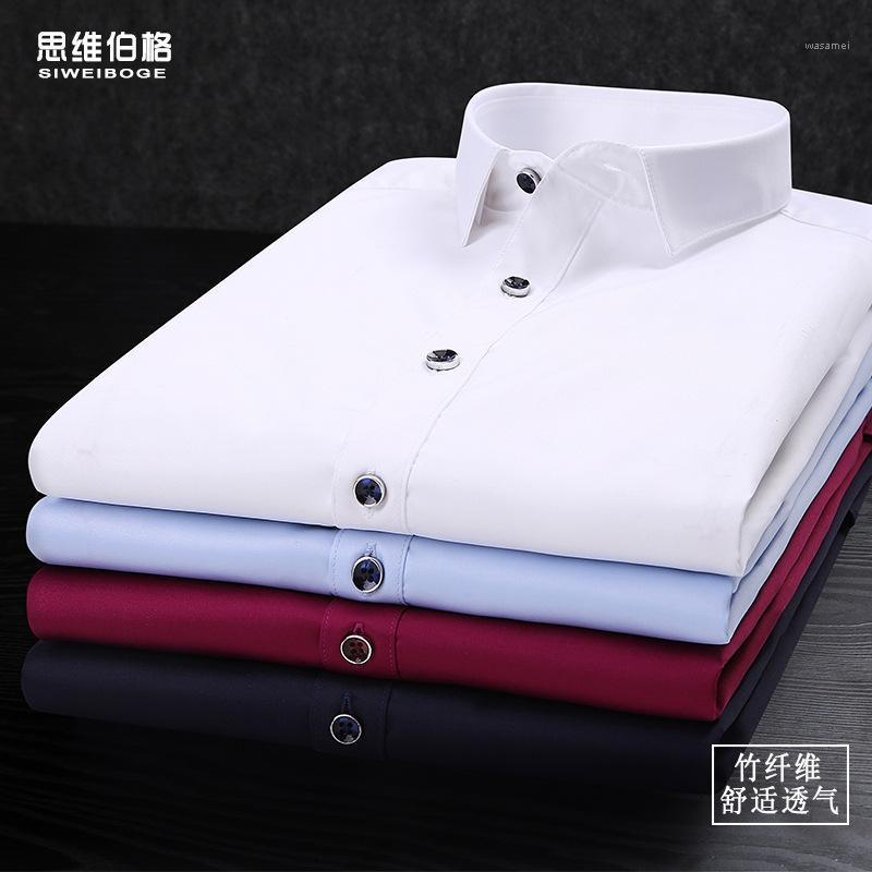 

Bamboo Fiber White Shirt Young Men's Long Sleeve Business Slim Fitting Formal Dress Thin Non Iron Wedding Casual Shirts, See chart