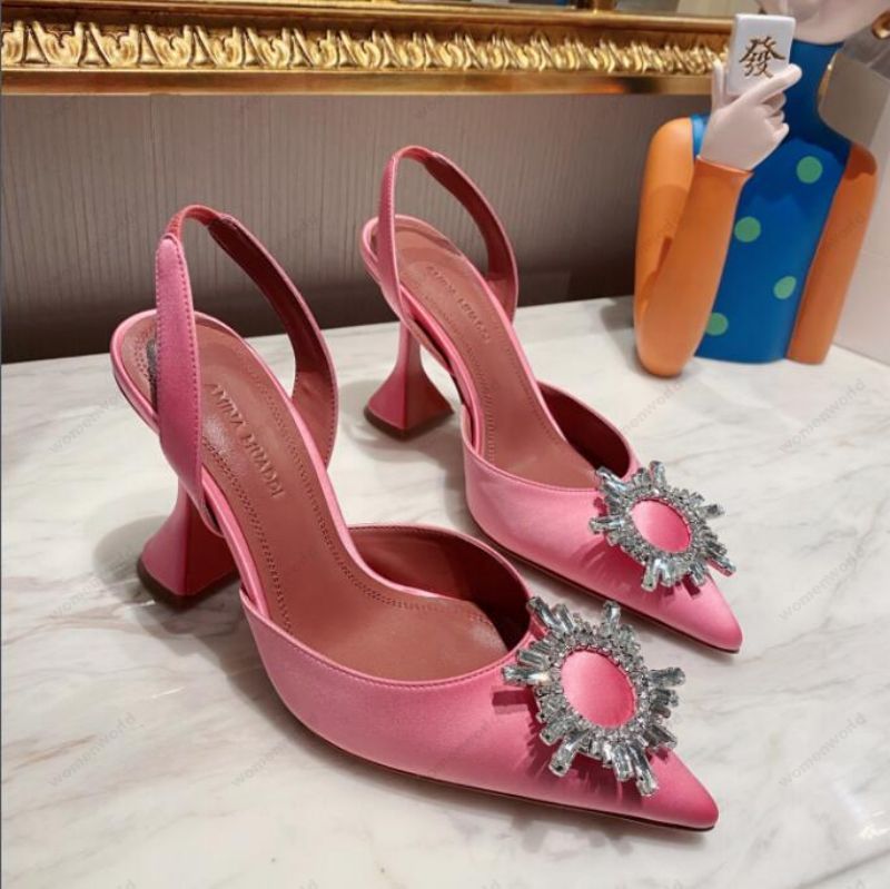

Luxury Designer Amina Muaddi Womens sandals leather sole designer high heels 10cm diamond chain decoration silk wedding sexy banquet women Pink Satin shoes, Only a shoe box
