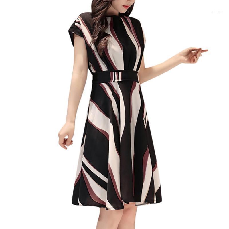 

Casual Dresses Ladies Summer Fashion Elegant Business Women Party Belt O-Neck Short Sleeve Knee Length Dress Flare Swing, As pic