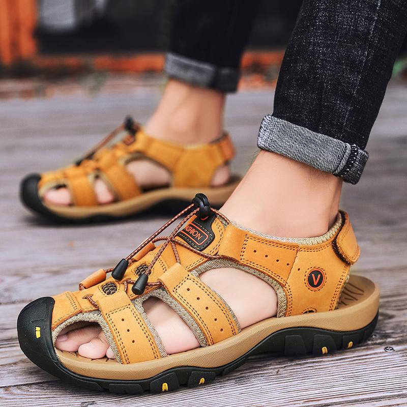 

Sandals Oversize 38-48 Mens Outdoor Cow Leather Hiking Man Casual Elastic Band Closed Toe Beach, Yellow