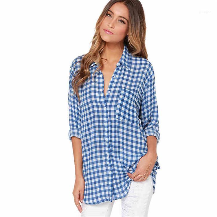 

Women' Blouses & Shirts Autumn Women Plaid Blouse Female Long Sleeve Blue Slim Top, As pic