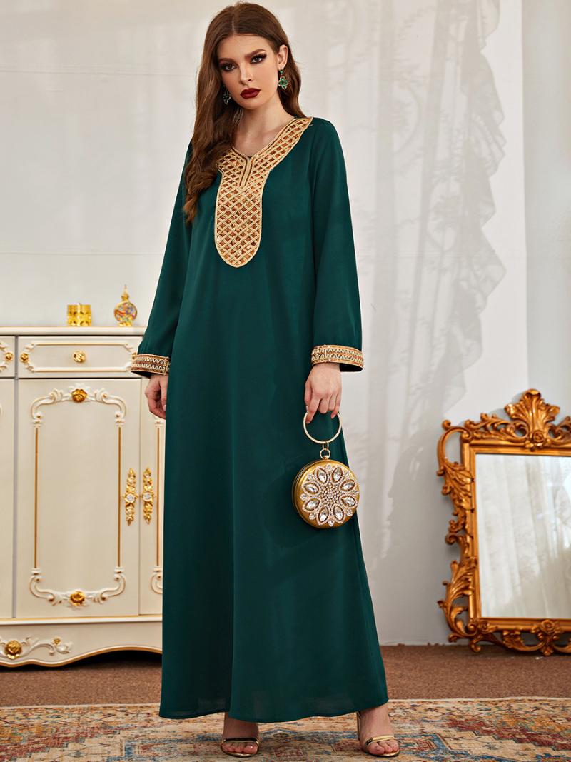 

Casual Dresses Aligaia Fashion Green Sequins Dress For Women 2022 Summer Dubai Turkish Qatar Islamic Clothing Hijab Muslim