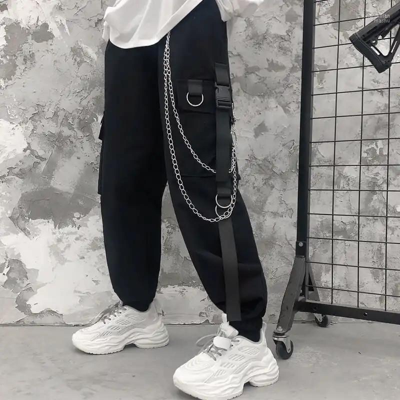 

Men' Pants Cargo Men Chains Pocket Punk Black Sweatpants Gothic Harajuku Jogger Trousers Women Clothing Hip-Hop Streetwear Techwear Naom22