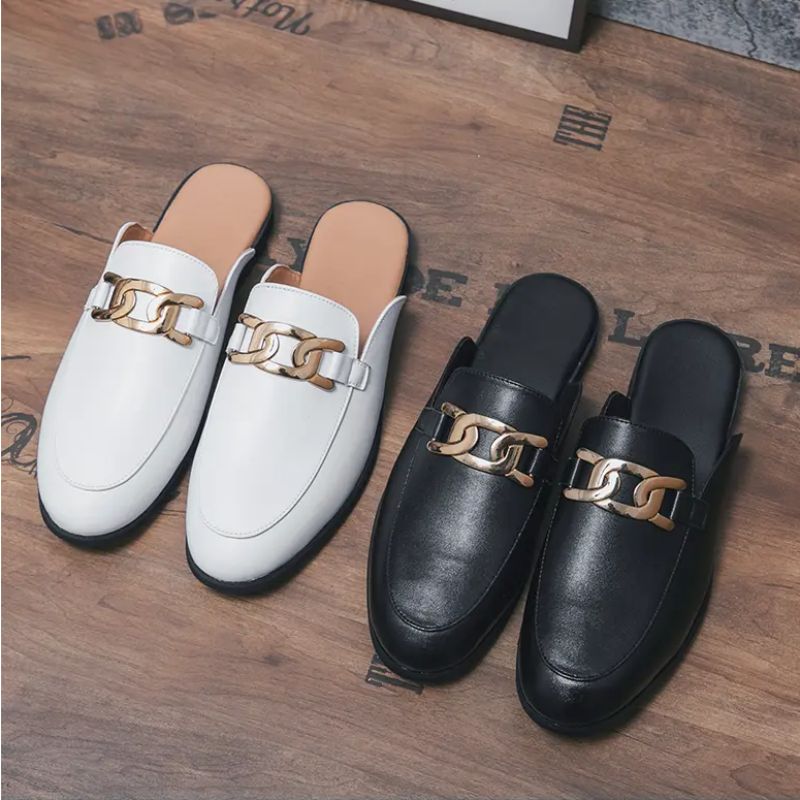 

Half Slippers Men Shoes PU Leather Solid Color Classic Fashion Metal Buckle Casual Daily Street Summer Breathable Baotou Slippers DP372, Clear