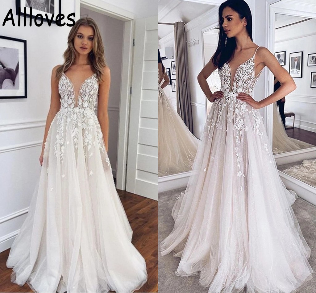 

Arabic Aso Ebi A Line Wedding Gowns 3D Floral Lace Appliques Sexy Spaghetti Straps Boho Country Bridal Dresses Sweep Train Backless Vestidos De Novia Plus Size CL0430, Khaki