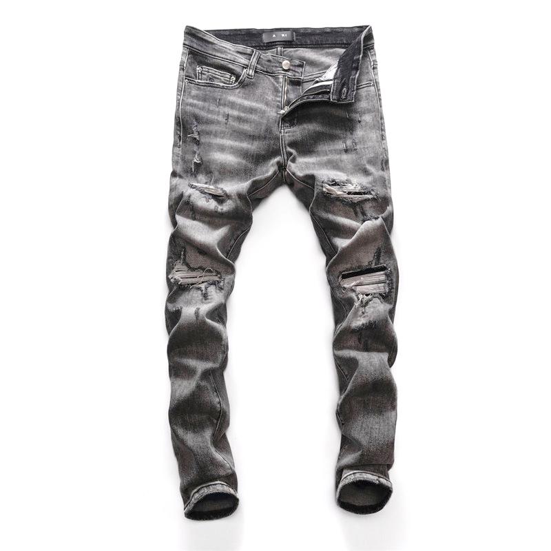 

Men's Jeans Luxury Ripped Hole Grey Denim Men Slim Straight Casual Vintrage Pantalon Moto Homme Solid Streetwear Spring Mens DenimMen's, Gray