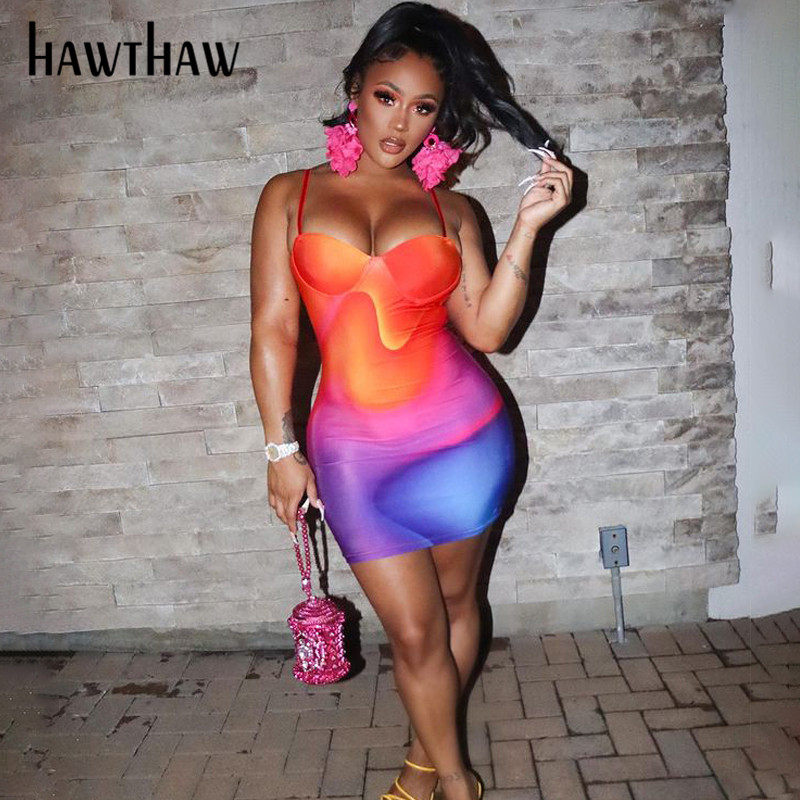 

Hawthaw Women Autumn Sleeveless Printed Bodycon Party Club Gradient Strap Mini Dress 2021 Fall Wholesale Lots Bulk Clothes, Multi