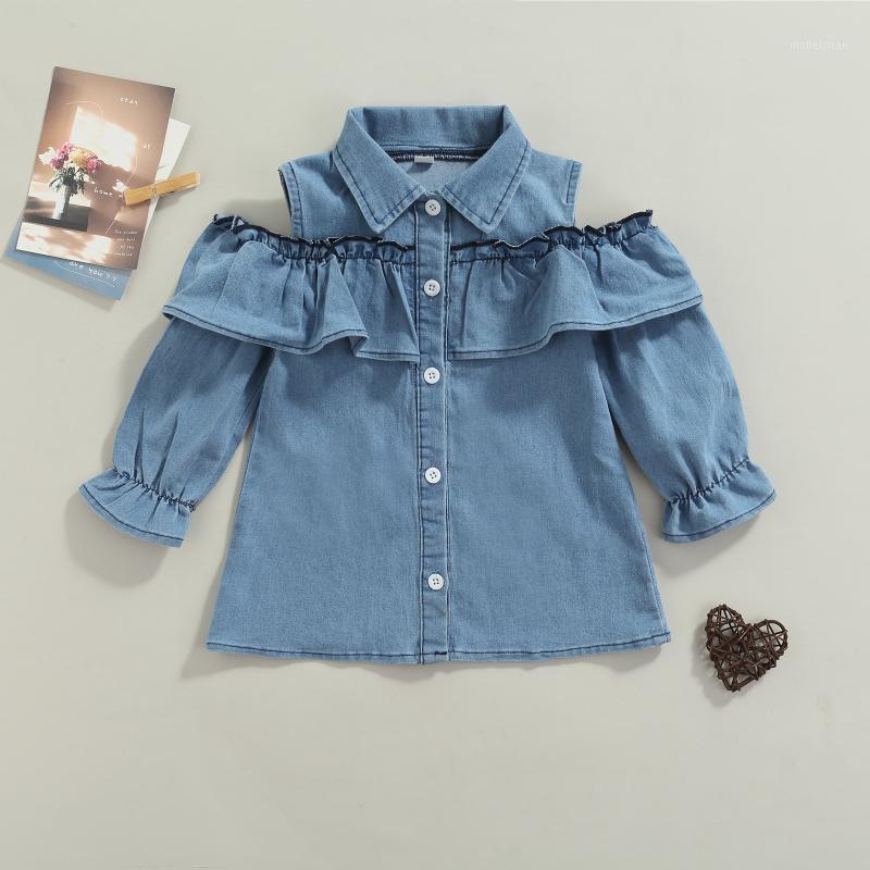 

Girl's Dresses 1-6Y Kids Girls Autumn Dress Baby Clothes Ruffle Off Shoulder Long Sleeve Denim Children Lapel Casual Loose Shirts, Blue