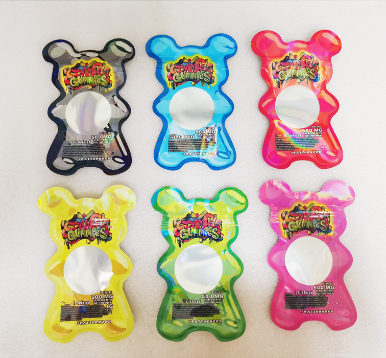 

2022 die cut out shaped dank gummies mylar bag edible pacakge 500mg bear shape 6 color zipper resealabel custom