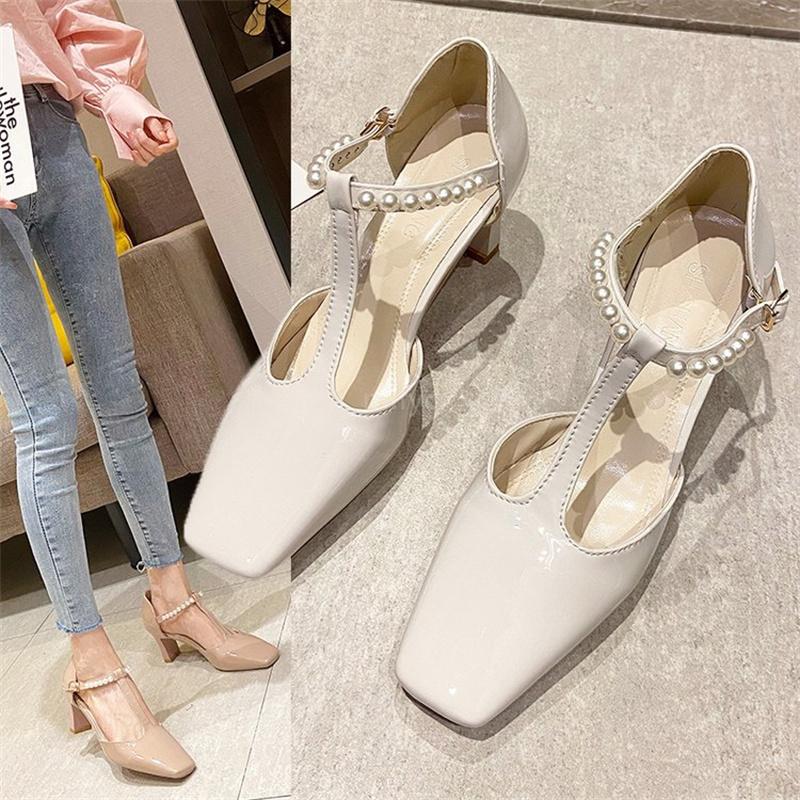 

Sandals Thick-heeled Shoes Women's Wild 2022 Spring One-word Buckle Fashion Pointed Shallow Mouth Mid-heel, Pink