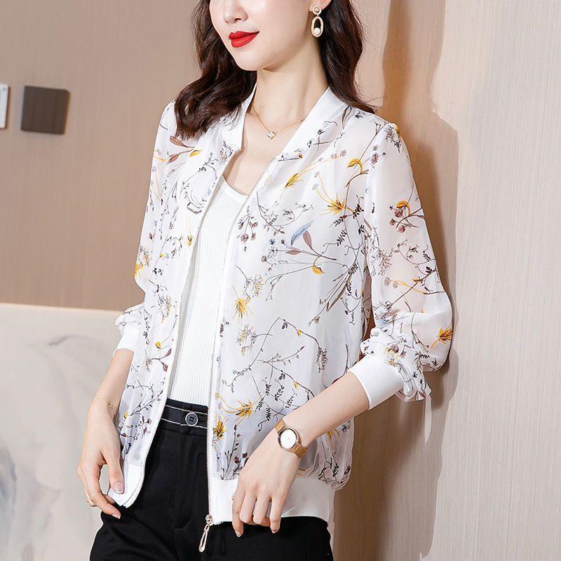 

Women's Jackets Fashion Temperament Long-sleeved Baseball Jacket Women's Round Neck Chiffon Zipper Printed Top Female CasualWomen's, Blue