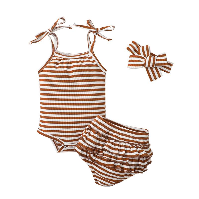 

Clothing Sets Toddler Girls Clothes Ruffle Shorts Striped Crotch Buttons Sling Vest Pleated Layered Headband Infant