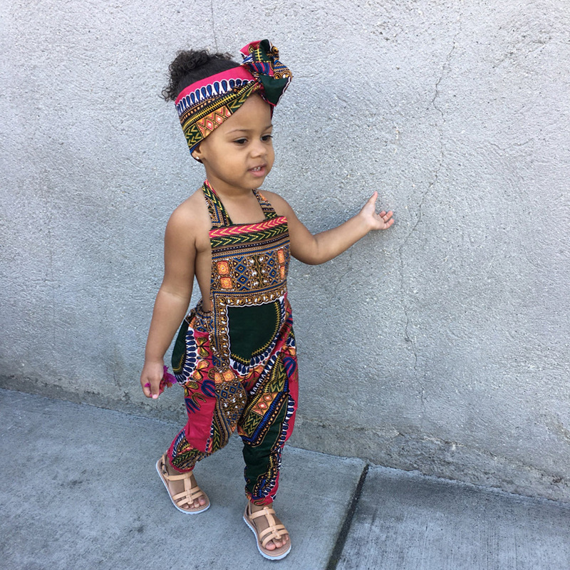 

Summer African Toddler Little Girls Dashiki African romper Girl Ethnic Boho Digital Print Style halter jumpsuit, Options