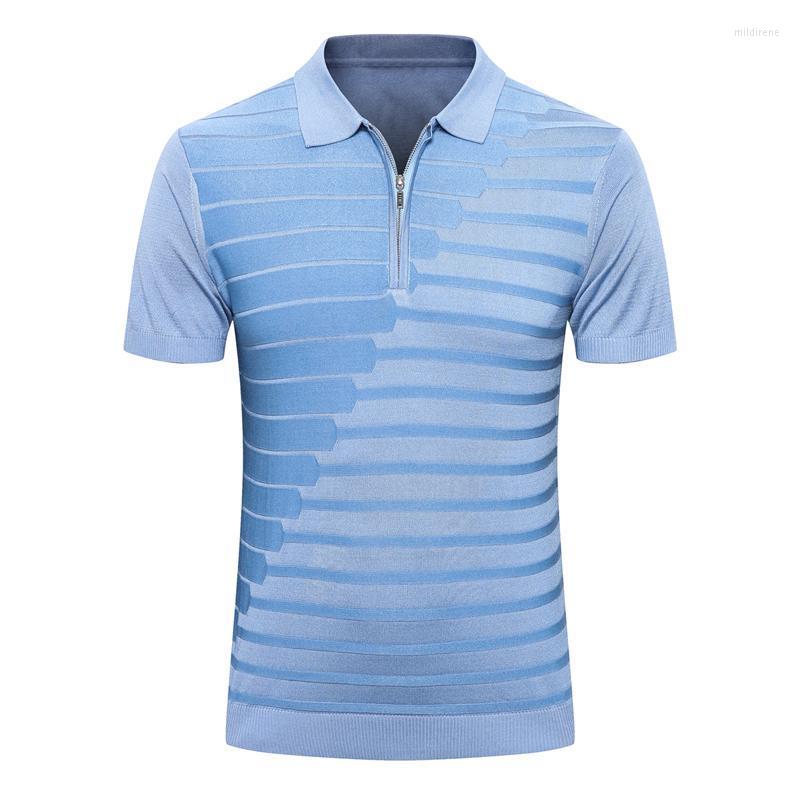 

Men's Polos Shirt Silk Men 2022 Fashion Short Sleeve Thin Zipper Stripe Breathable Big Size M-5XL ElasticityMen's Men'sMen's Mild22, Light blue